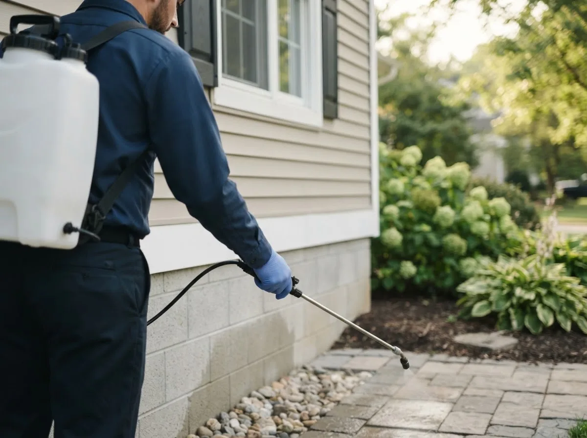 Pest control technician inspecting a home in Rapid River, MI